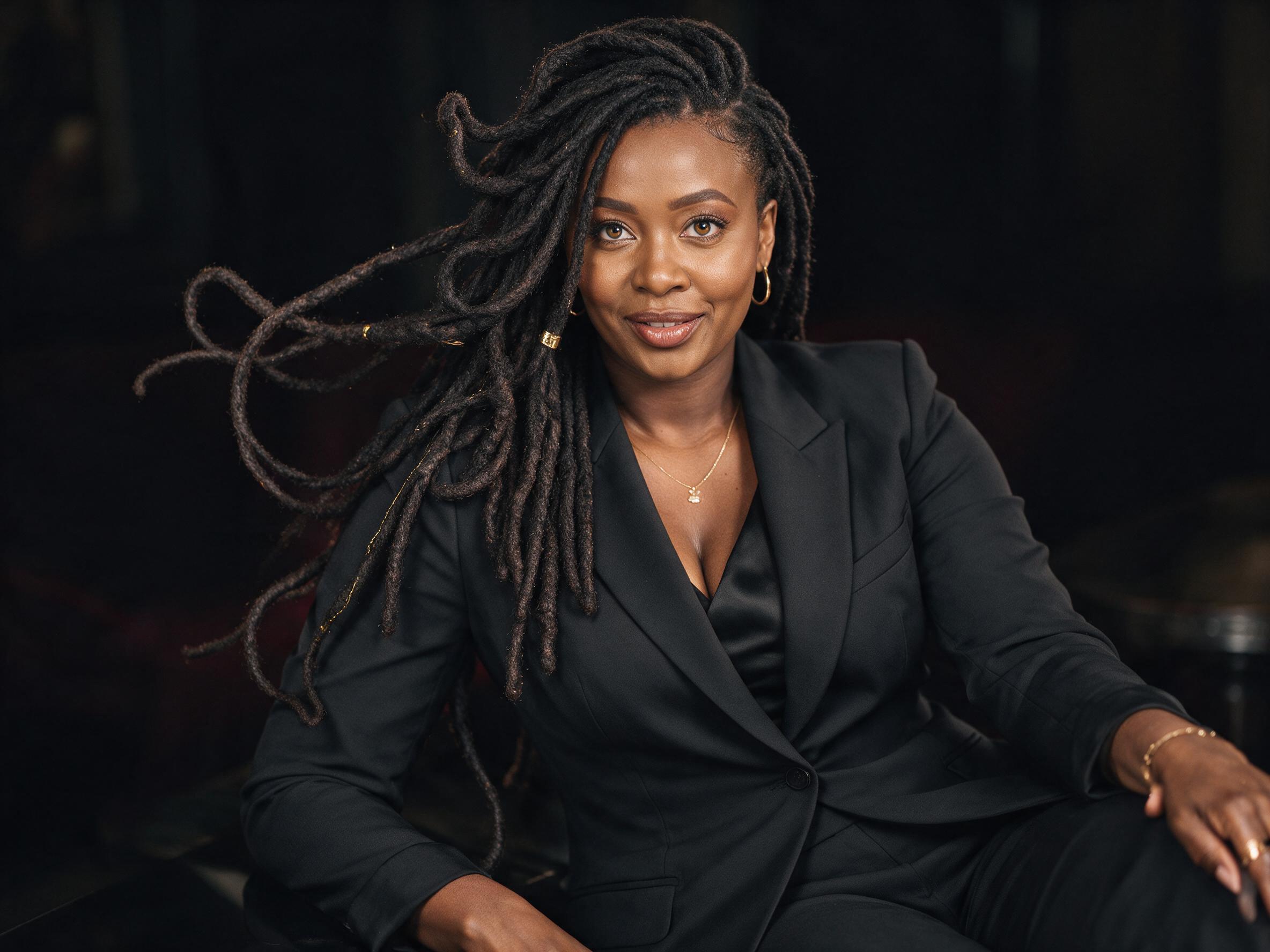Evelyn in a black suit with her locs in motion