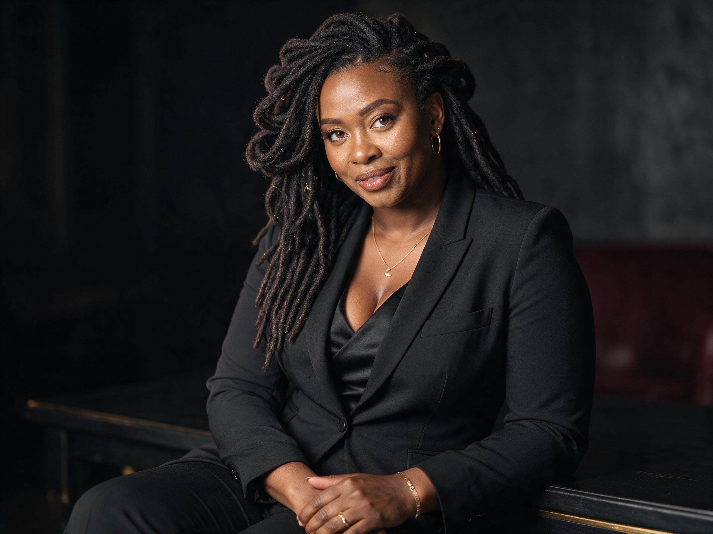 Evelyn seated in a black suit