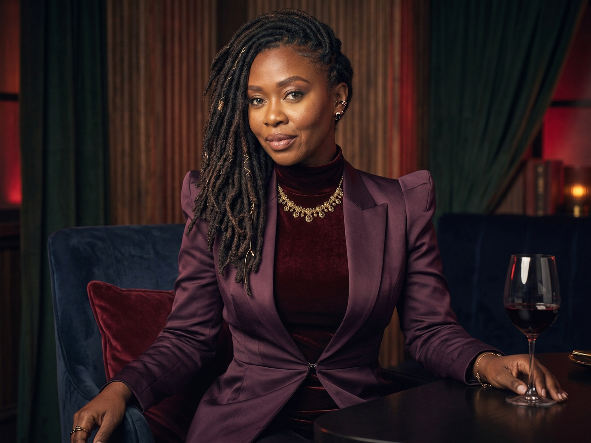 Evelyn seated in a burgundy suit