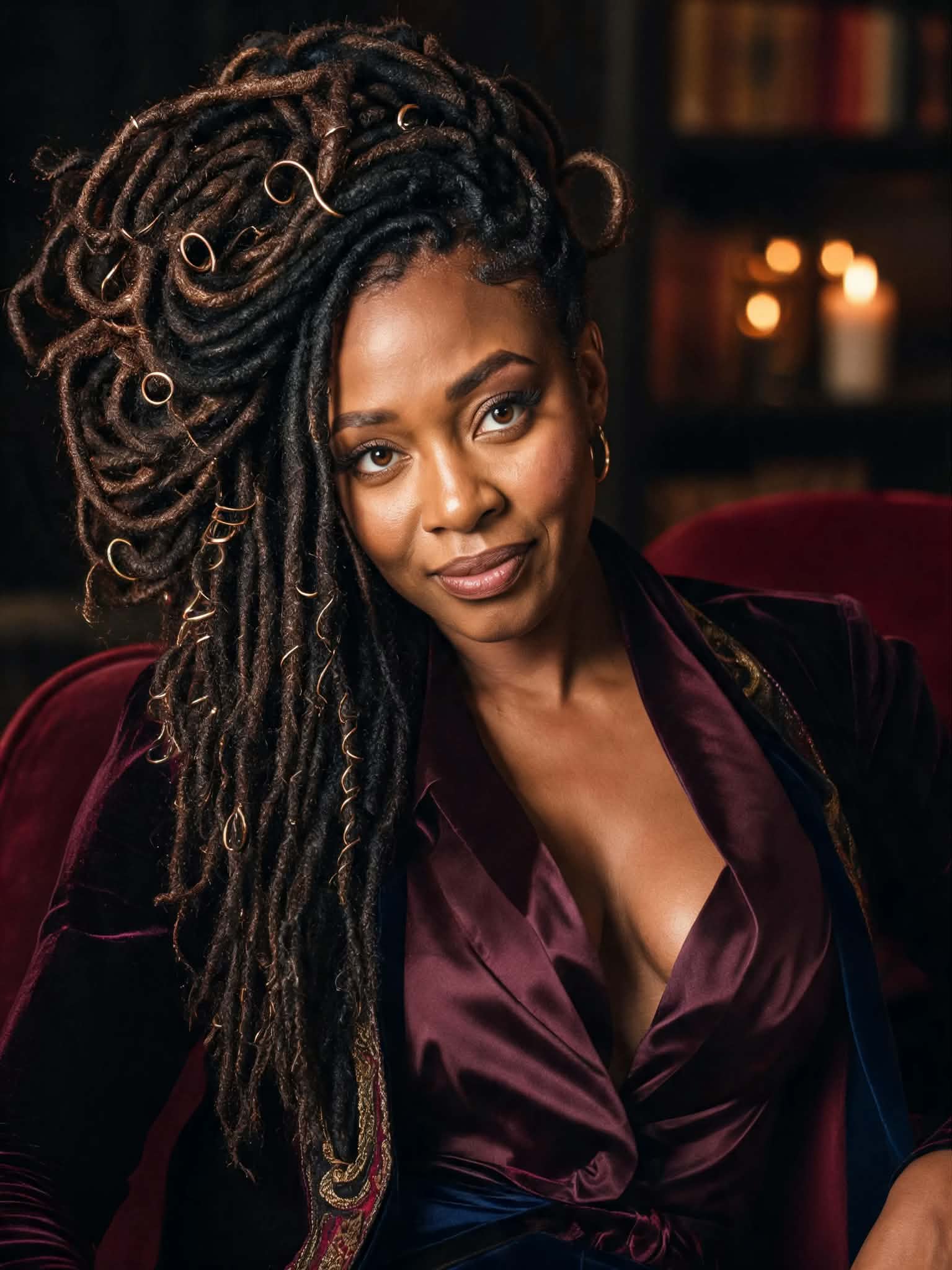 Evelyn in burgundy velvet in a candlelit library