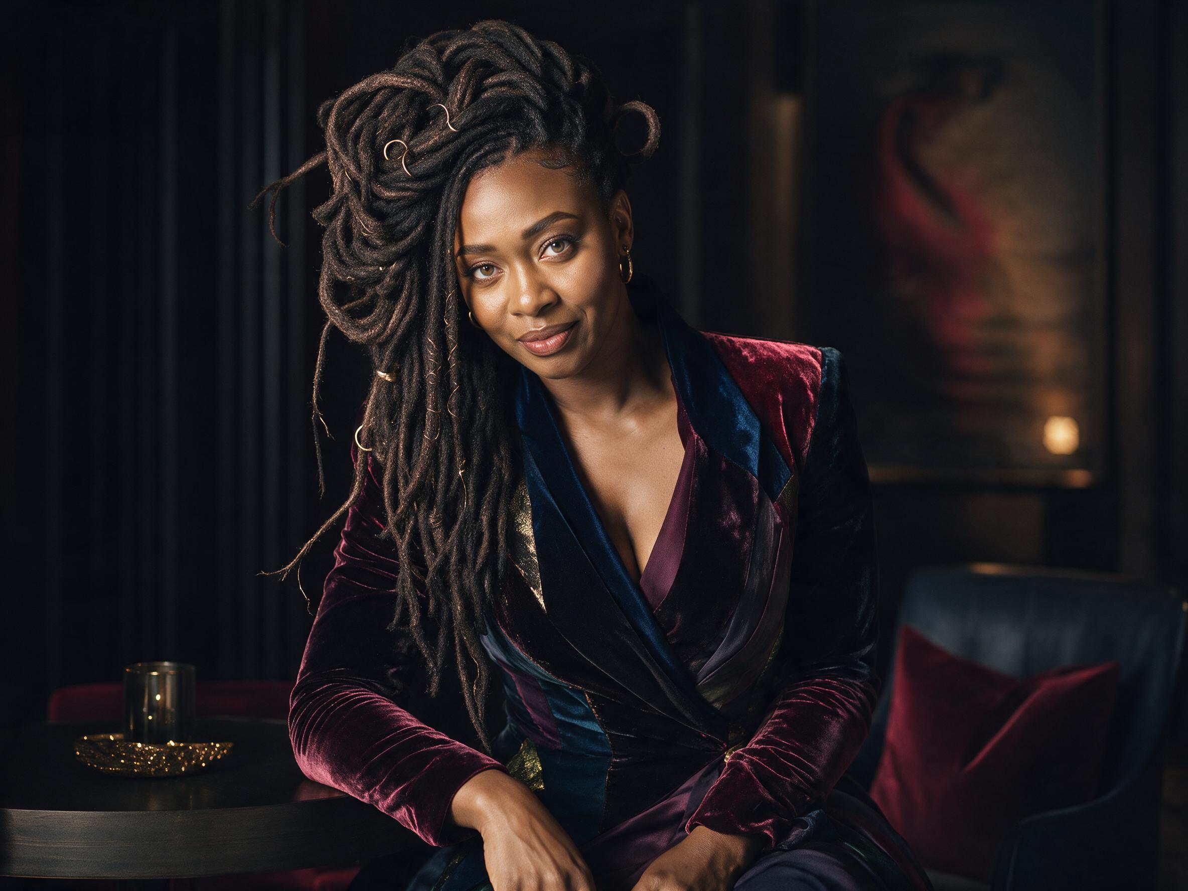 Evelyn in a velvet suit in a dark lounge
